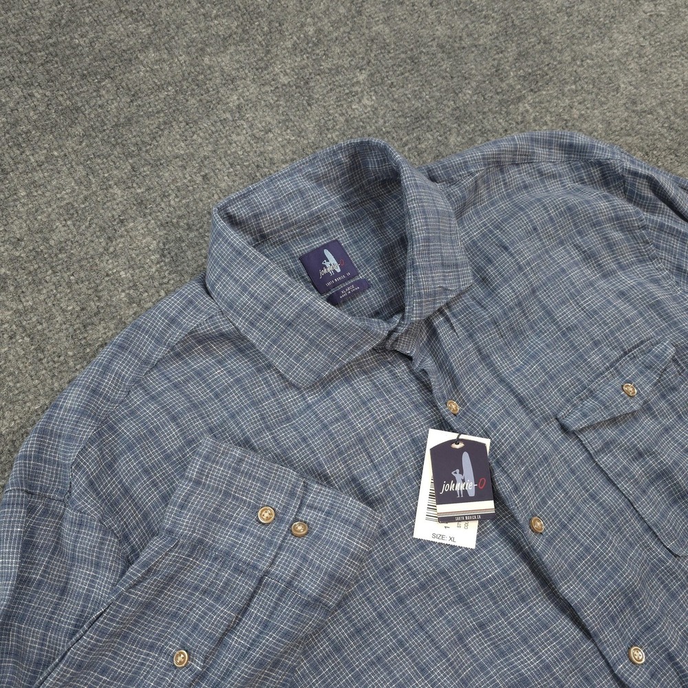 Johnnie O Shirt Mens XL Blue Check Cohen 100% Linen Button Up Casual Summer NEW